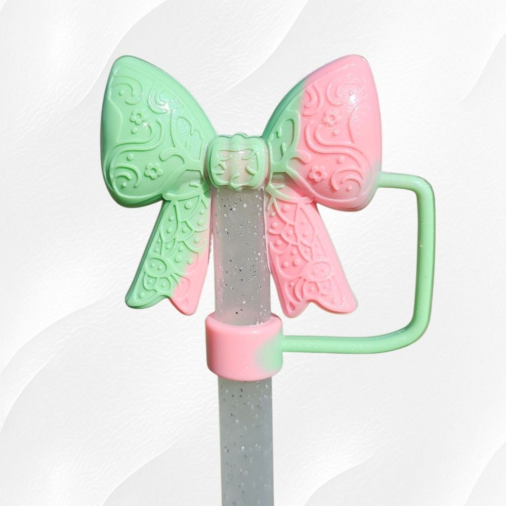 Watermelon Pink Swirl Shimmer Princess Bow 3D Silicone Straw Topper - 10mm Str…
